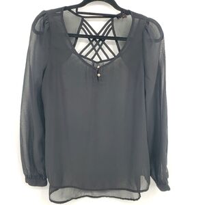 ♧ Pearl Black Sheer Scoop Neck Women's Top Size Large